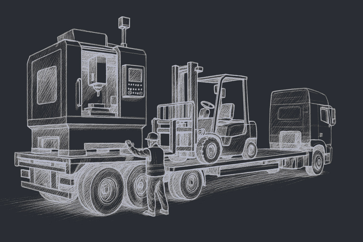 Bleistiftzeichnung eines Maschinentransports